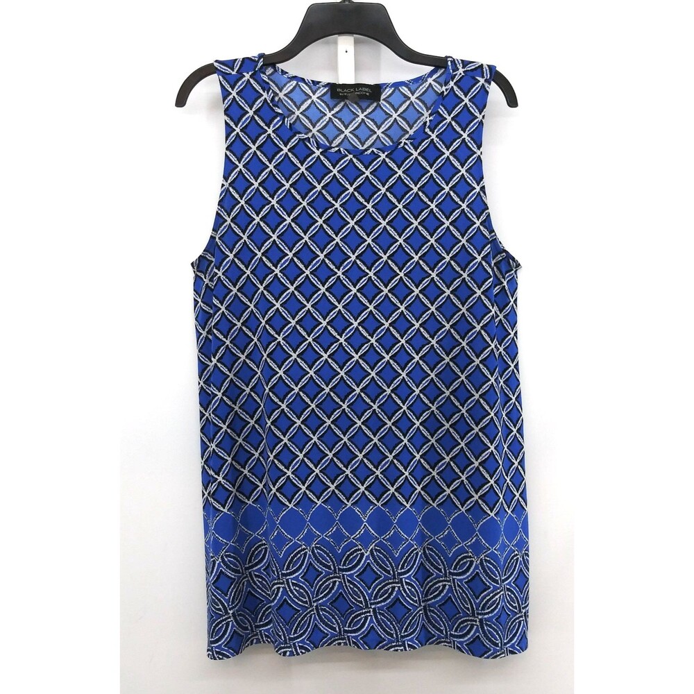 Black Label by Evan Picone Tank Top Women Size L Blue Abstract Diamond Tunic Top
